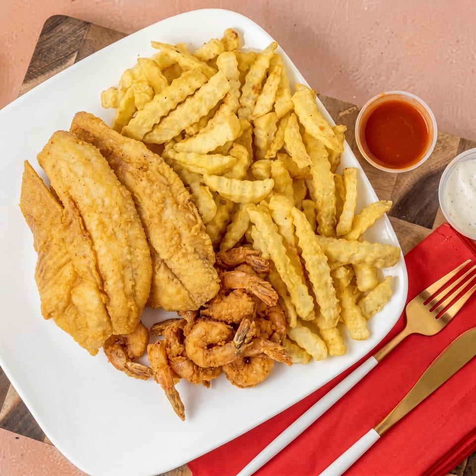 A white plate with fried fish fillets, crispy shrimp, and crinkle-cut fries, with dipping sauces and cutlery.