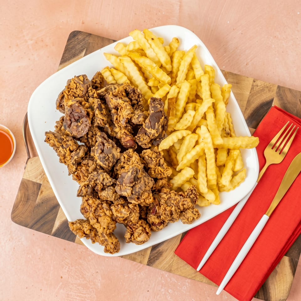 Crispy fried gizzards and crinkle-cut french fries on a white plate with a red napkin.