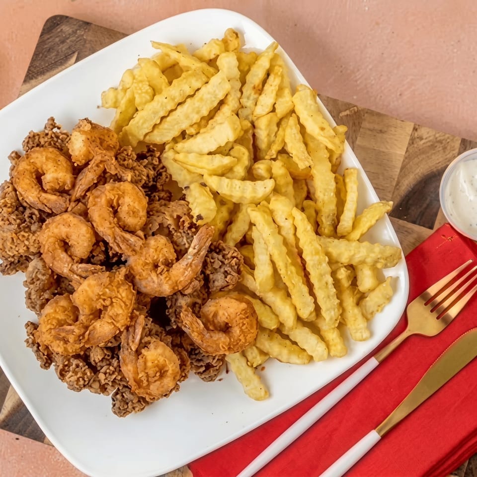 Crispy fried shrimp and crinkle-cut french fries on a white plate with a red napkin and gold cutlery.