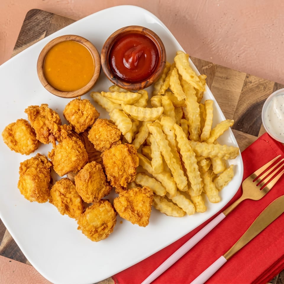 Crispy chicken nuggets and crinkle-cut fries on a white plate with ketchup and honey mustard.